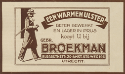 717333 Advertentie van de Gebr. Broekman, Kledingmagazijnen, Lange Elisabethstraat 20 en Amsterdamsestraatweg 196 te ...